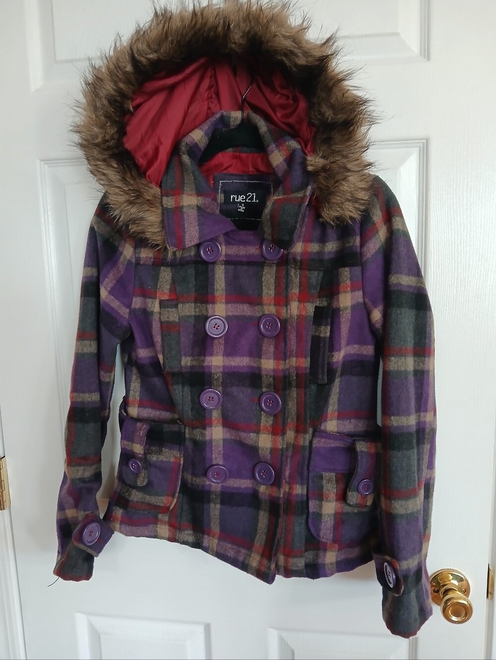rue21 Purple Plaid Hooded Double-Breasted Coat with Faux Fur Trim Vintage Y2K